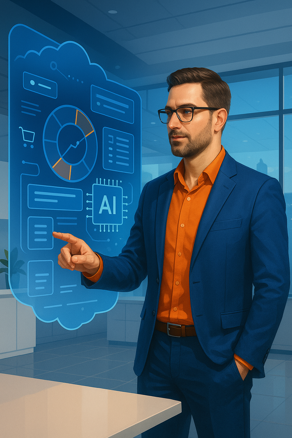 Professional man pointing at a glowing blue holographic website interface showing analytics charts, shopping cart, AI and automation icons in a modern office