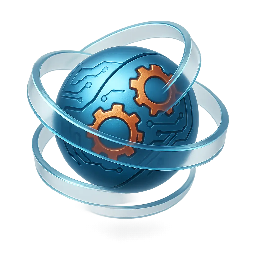 3D icon of a blue sphere embossed with circuit patterns and orange gears, encircled by translucent rings, representing AI and automation services