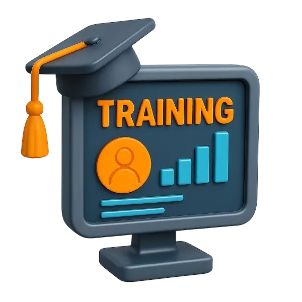 3D icon of a computer monitor topped with a graduation cap, displaying a user avatar and ascending bar chart, representing AI training services