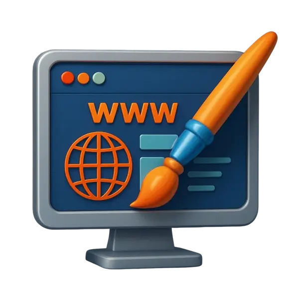 3D icon of a computer monitor with a globe and a paintbrush, representing web design services